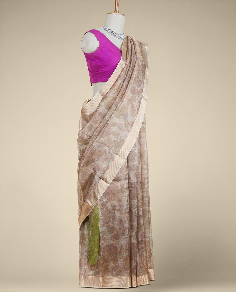 Grey floral vine printed semi-banaras tissue silk saree, zari border