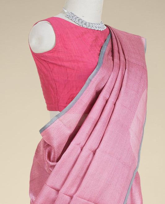 Borderless pink micro-checked design tusser silk saree