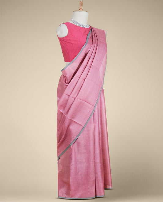 Borderless pink micro-checked design tusser silk saree