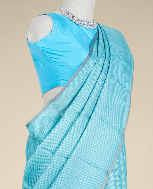 Borderless blue micro-checked design tusser silk saree