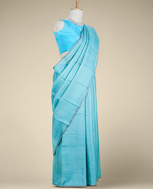 Borderless blue micro-checked design tusser silk saree