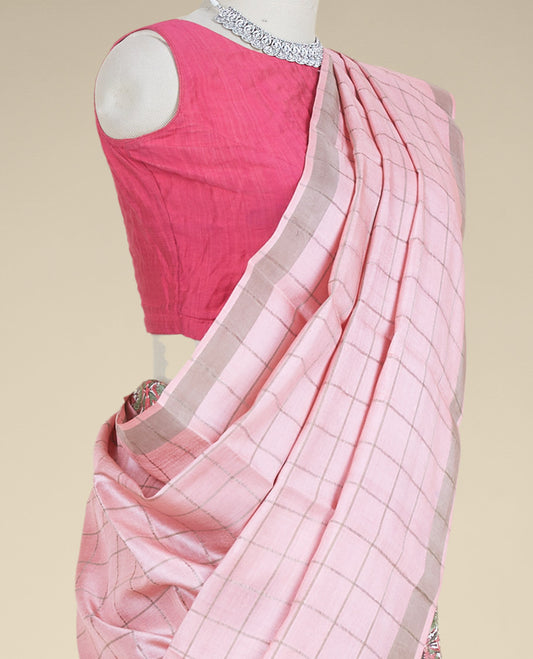 Pink checked design with intricately printed tusser silk saree