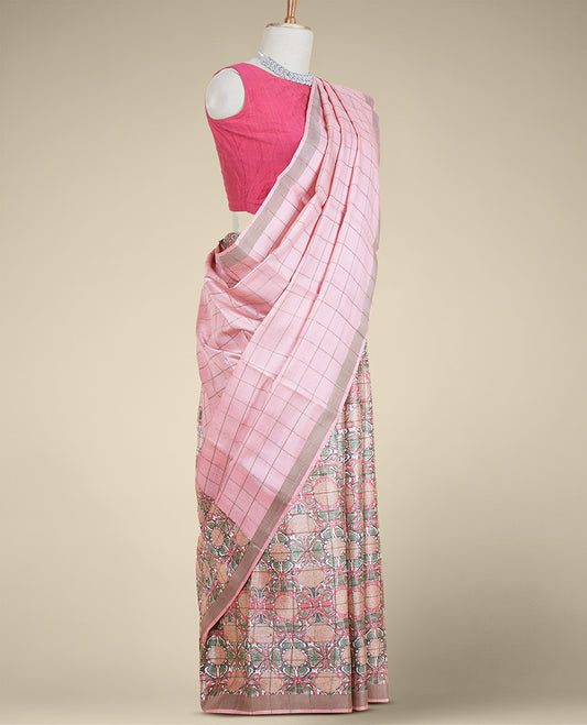 Pink checked design with intricately printed tusser silk saree