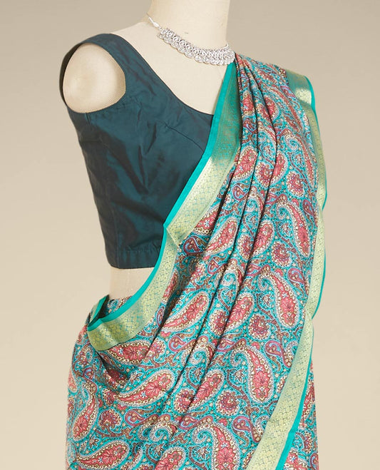 Green paisley printed silk saree, traditional zari design border