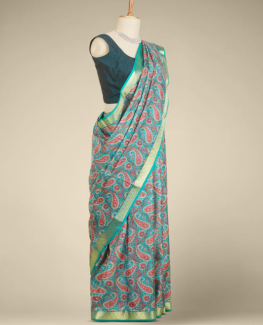Green paisley printed silk saree, traditional zari design border
