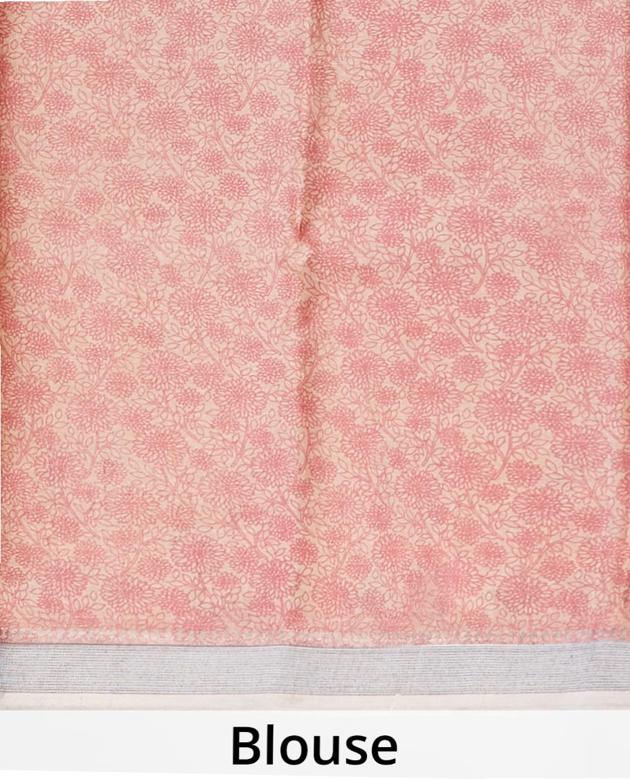 Brown ancient human motifs printed tusser silk saree, contrast border