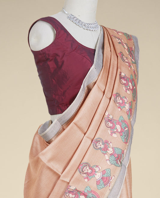 Brown ancient human motifs printed tusser silk saree, contrast border
