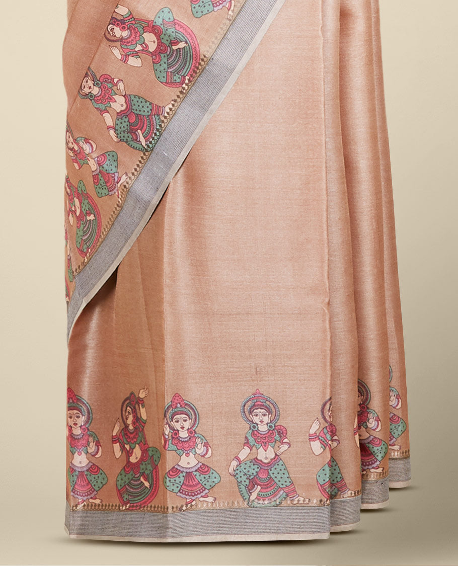 Brown ancient human motifs printed tusser silk saree, contrast border