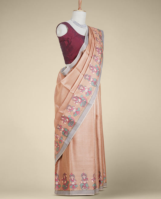 Brown ancient human motifs printed tusser silk saree, contrast border
