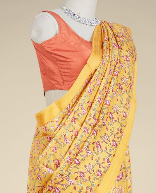 Orange floral vine, birds & peacock printed silk saree, paisley motifs border