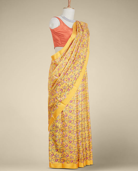 Orange floral vine, birds & peacock printed silk saree, paisley motifs border
