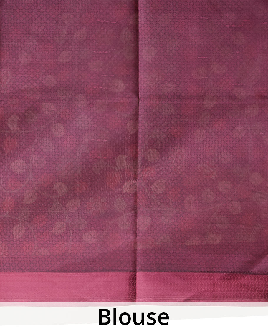 Maroon kalamkari-style floral vine printed silk saree, paisley motifs border