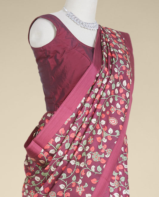Maroon kalamkari-style floral vine printed silk saree, paisley motifs border