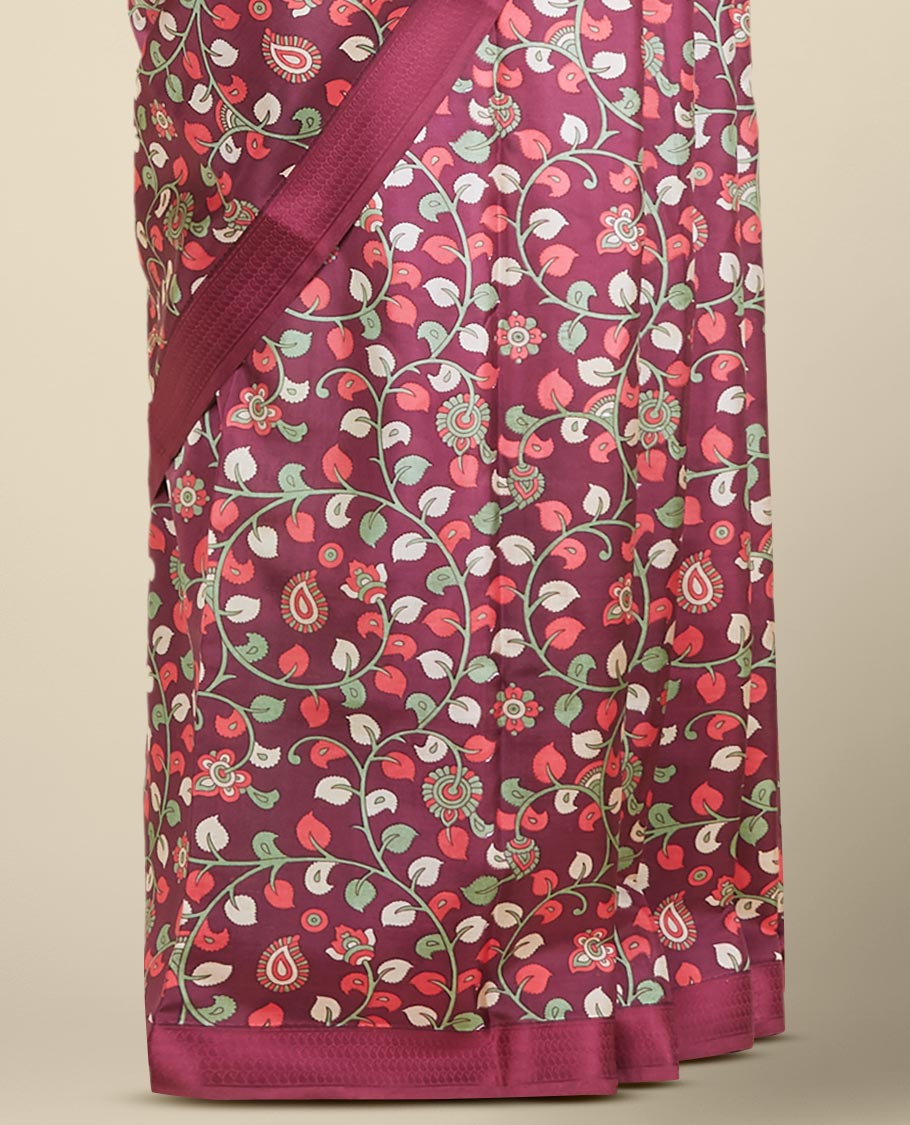 Maroon kalamkari-style floral vine printed silk saree, paisley motifs border