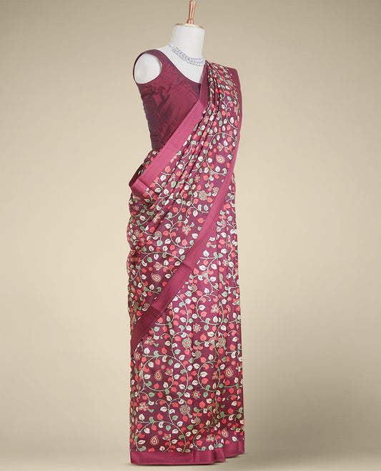 Maroon kalamkari-style floral vine printed silk saree, paisley motifs border