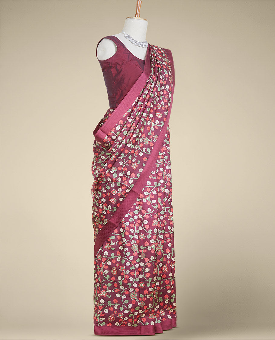 Maroon kalamkari-style floral vine printed silk saree, paisley motifs border