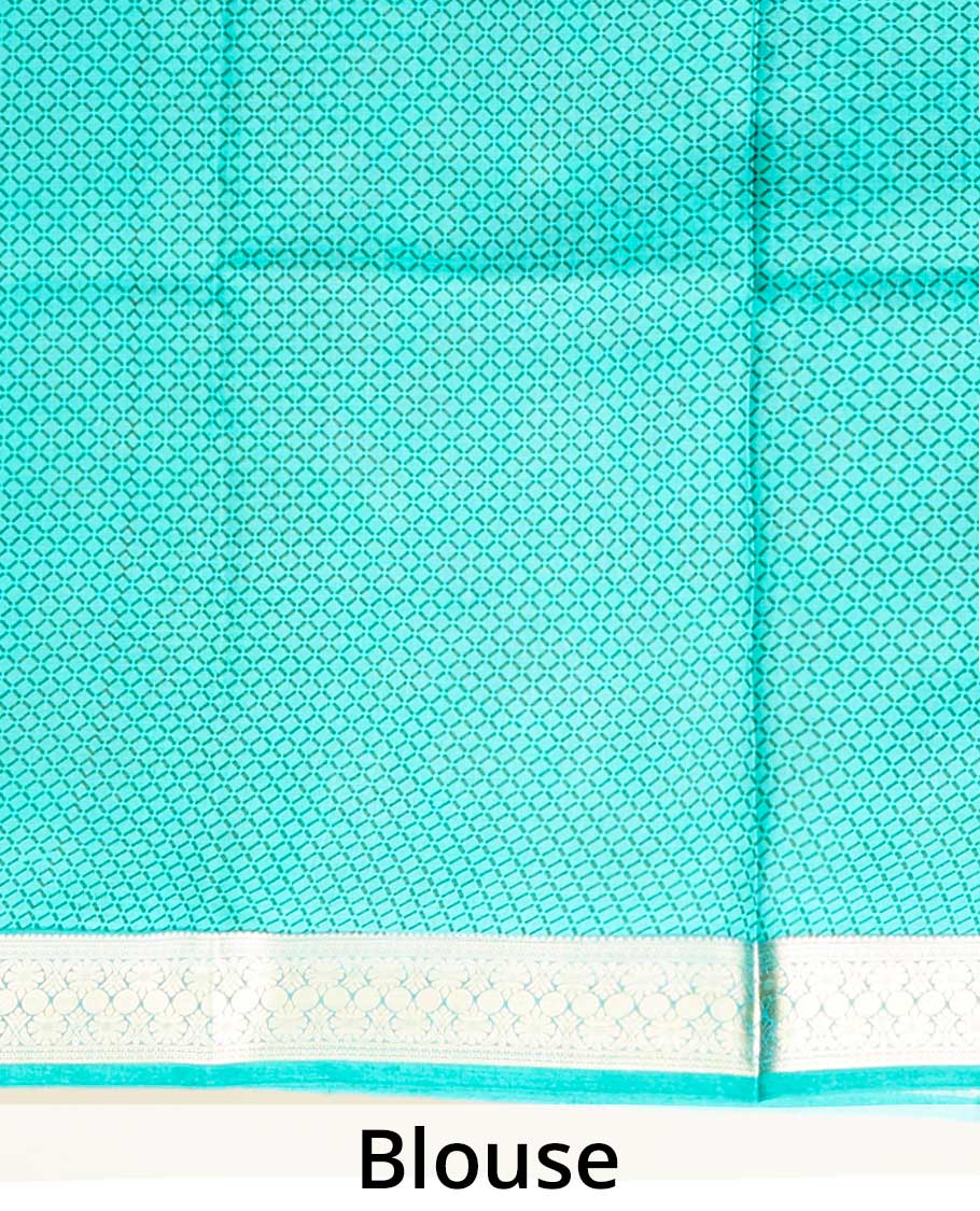 Green floral & bird motifs steeped printed silk saree, traditional zari design border