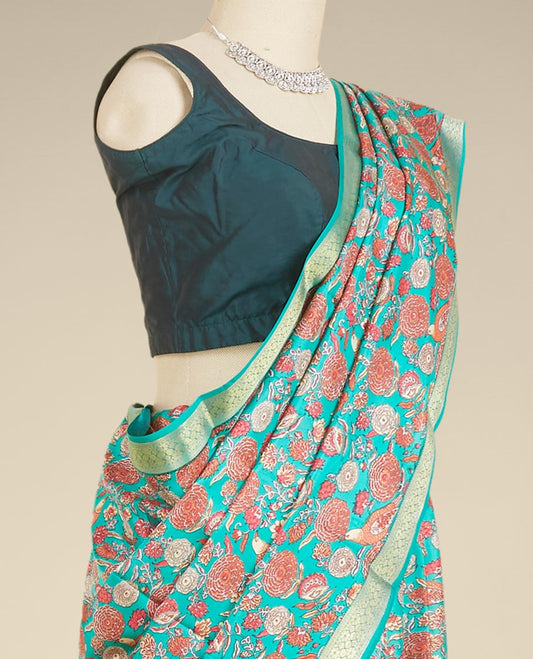 Green floral & bird motifs steeped printed silk saree, traditional zari design border