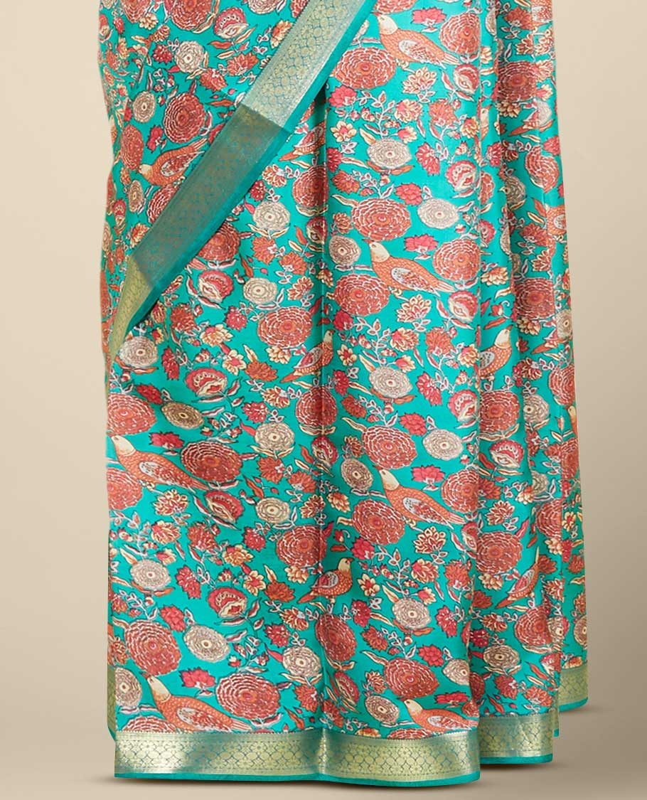 Green floral & bird motifs steeped printed silk saree, traditional zari design border