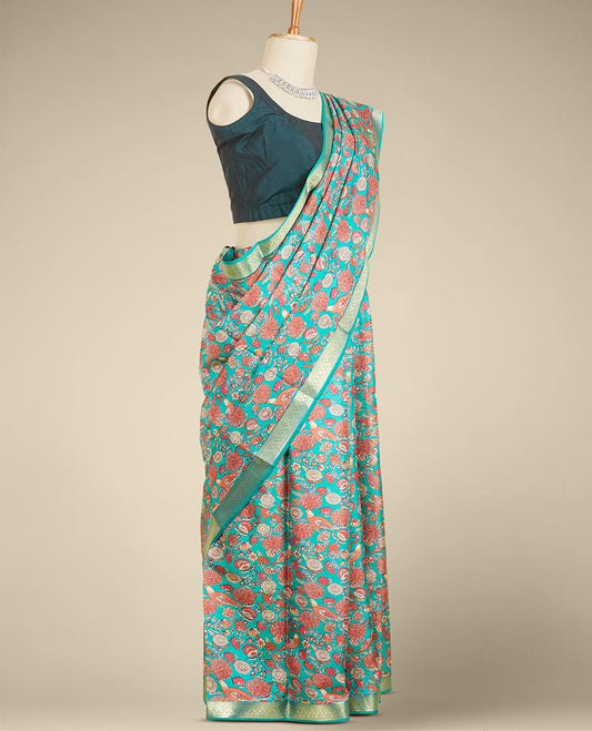 Green floral & bird motifs steeped printed silk saree, traditional zari design border