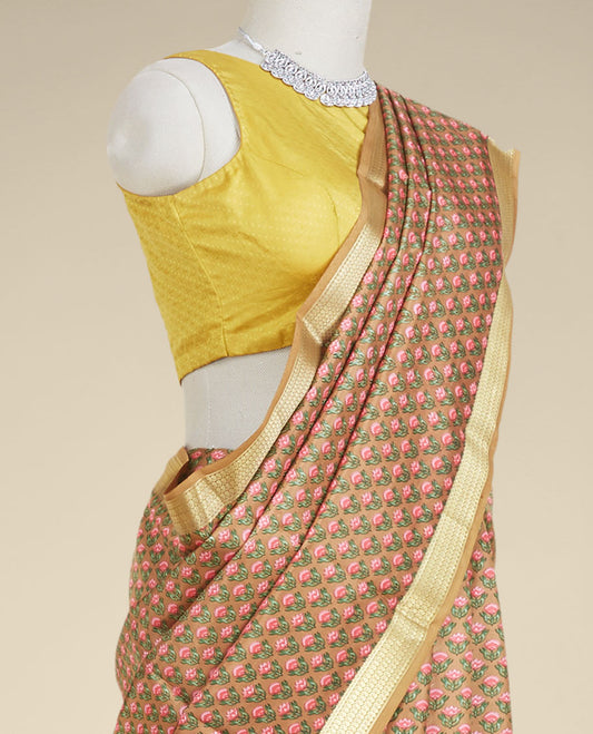 Brown floral motifs printed silk saree, traditional zari design border