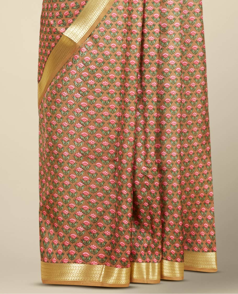 Brown floral motifs printed silk saree, traditional zari design border