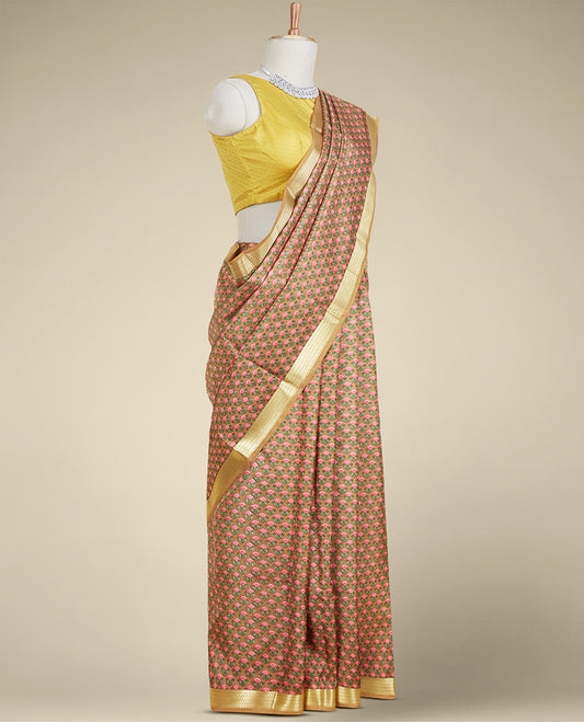 Brown floral motifs printed silk saree, traditional zari design border