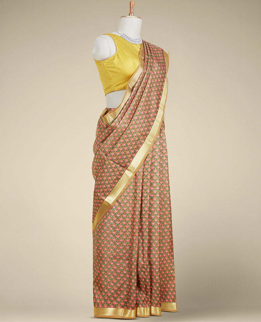 Brown floral motifs printed silk saree, traditional zari design border