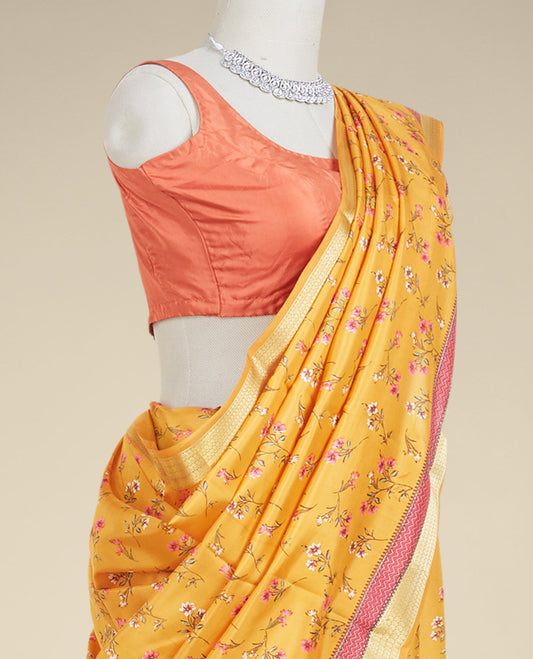 Orange floral motifs printed silk saree, paisley & chevron motifs border