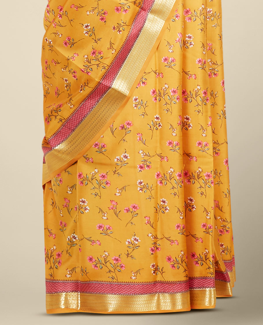 Orange floral motifs printed silk saree, paisley & chevron motifs border