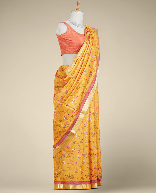 Orange floral motifs printed silk saree, paisley & chevron motifs border
