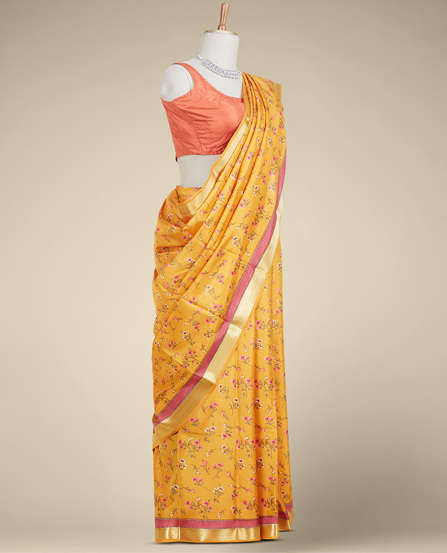 Orange floral motifs printed silk saree, paisley & chevron motifs border