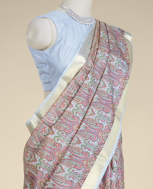 Grey intricately paisley motifs printed silk saree, traditional zari design border