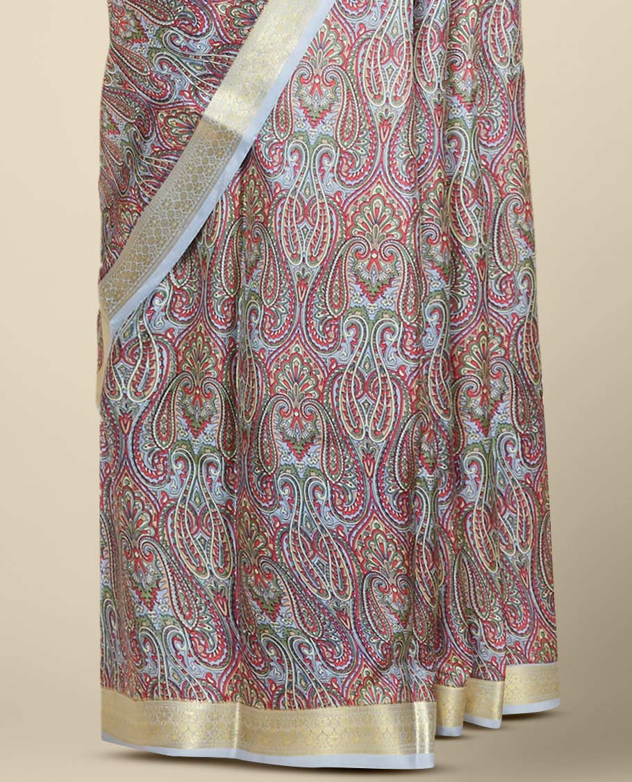 Grey intricately paisley motifs printed silk saree, traditional zari design border