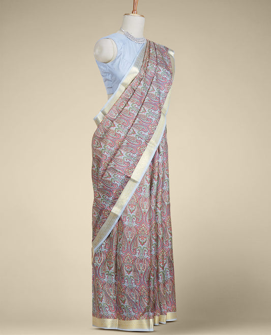 Grey intricately paisley motifs printed silk saree, traditional zari design border