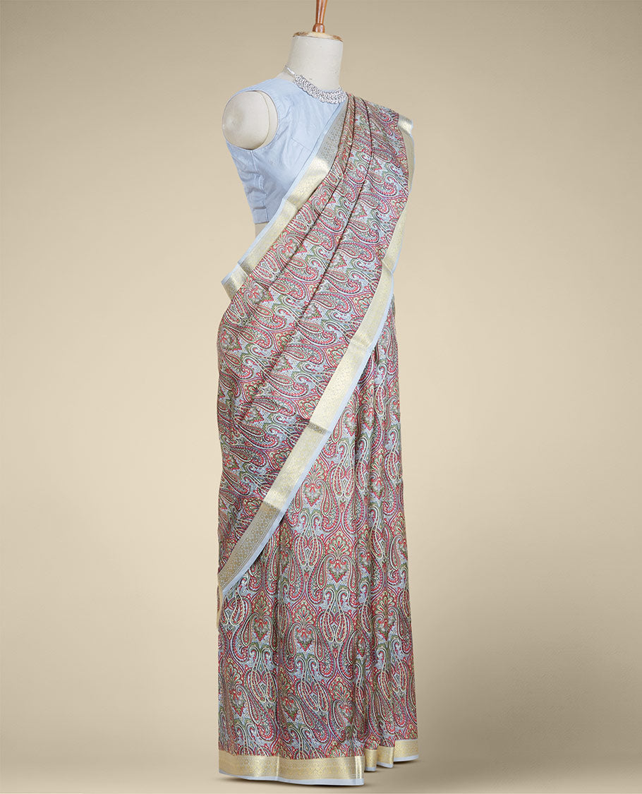 Grey intricately paisley motifs printed silk saree, traditional zari design border