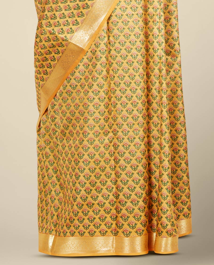 Orange floral motifs printed silk saree, traditional zari design border