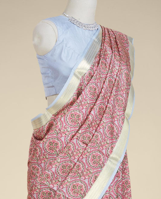 Red intricately printed silk saree, contrast traditional zari design border