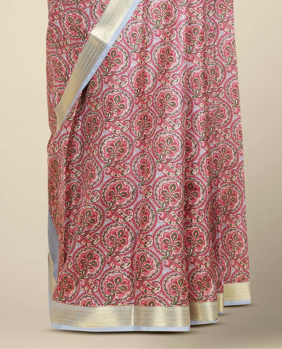 Red intricately printed silk saree, contrast traditional zari design border