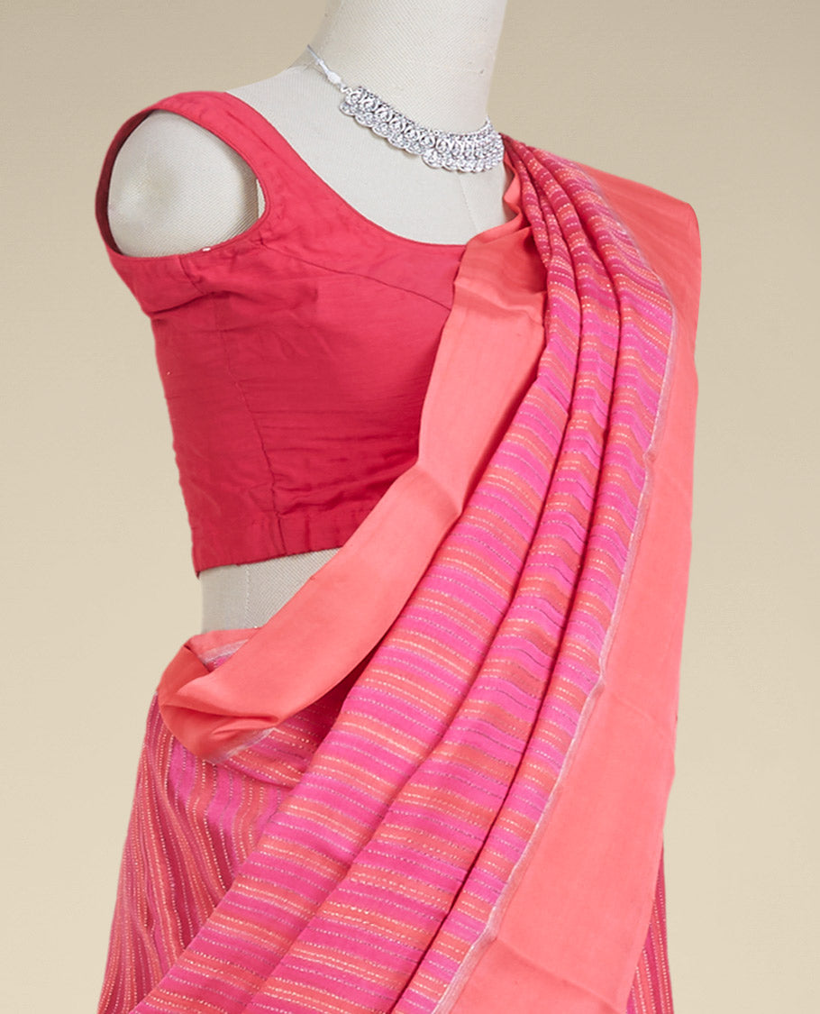 Pink striped pure chiffon saree, contrast border