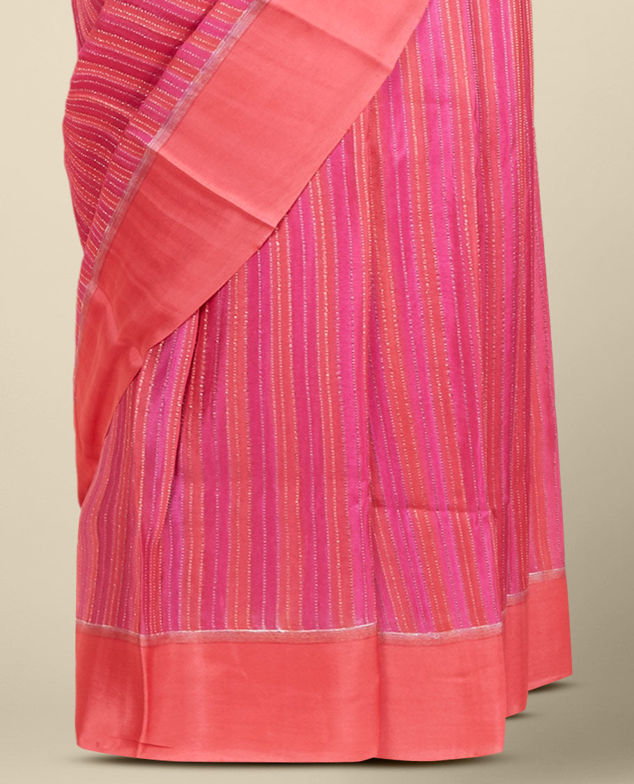 Pink striped pure chiffon saree, contrast border