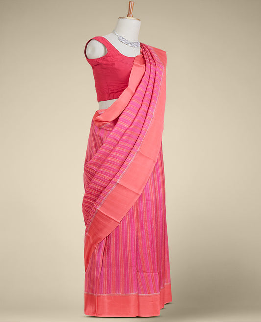 Pink striped pure chiffon saree, contrast border