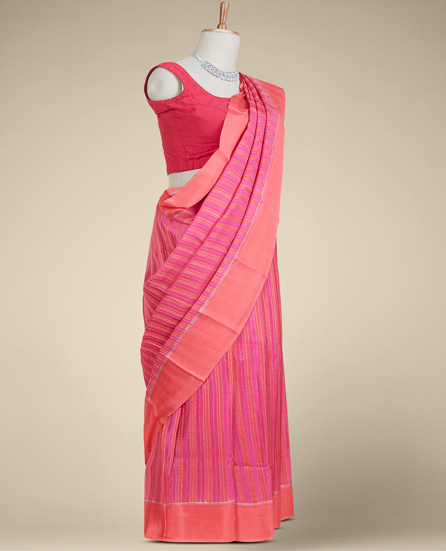 Pink striped pure chiffon saree, contrast border