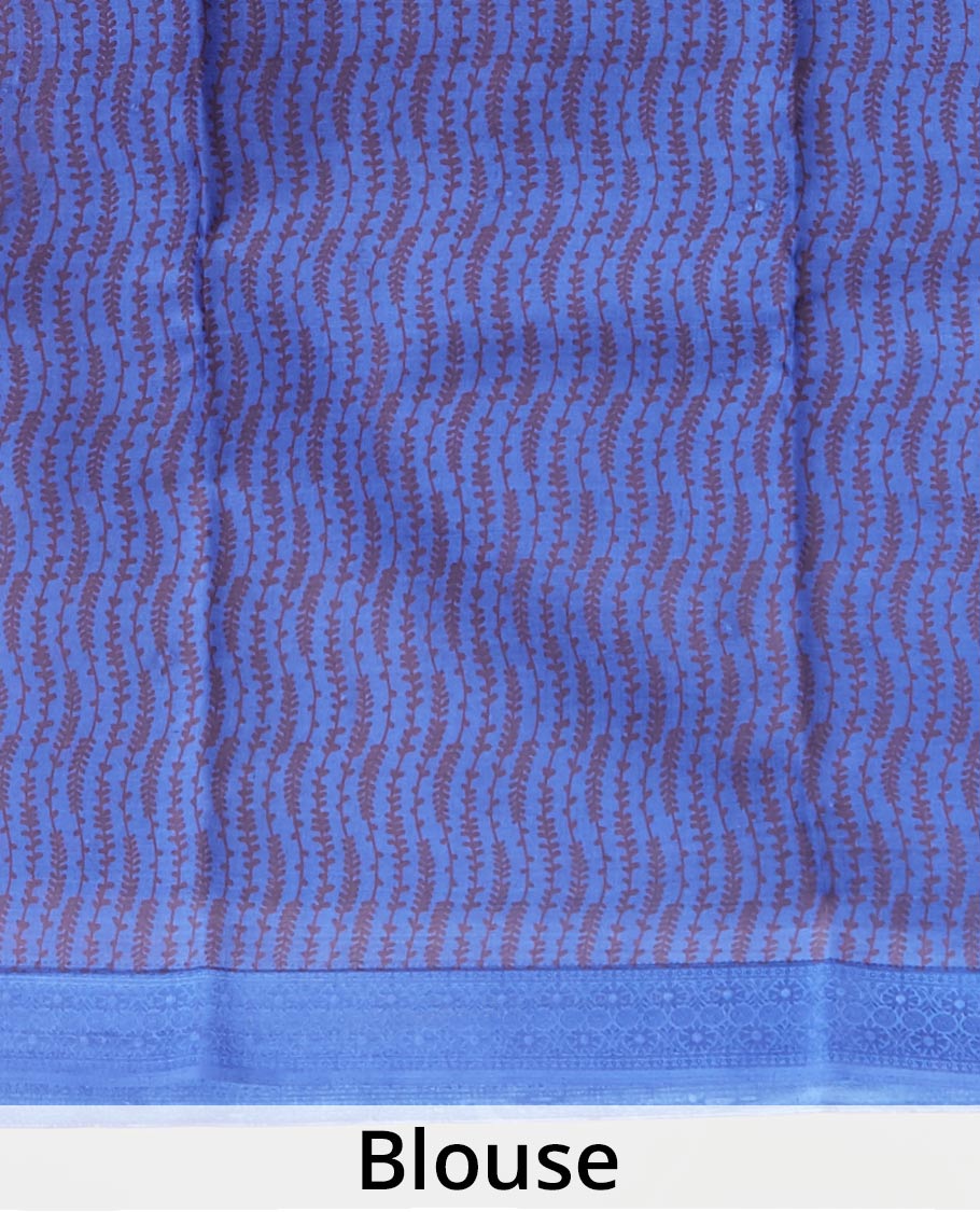 Blue floral motifs printed silk saree, traditional design border