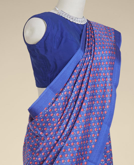 Blue floral motifs printed silk saree, traditional design border