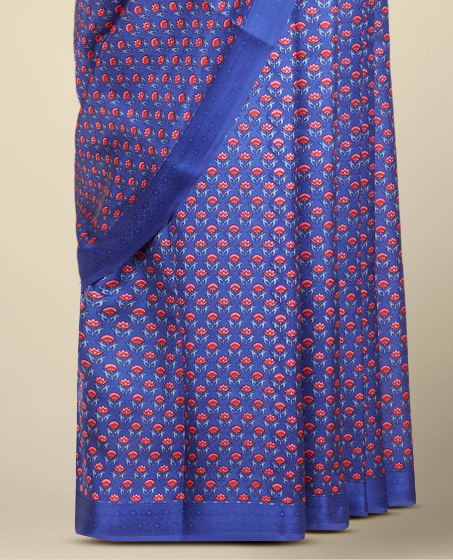 Blue floral motifs printed silk saree, traditional design border