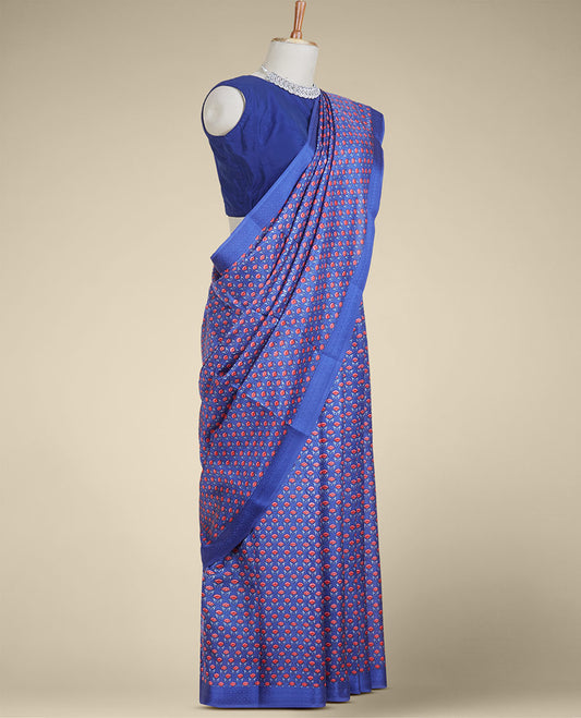 Blue floral motifs printed silk saree, traditional design border