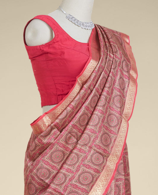 Pink intricately printed silk saree, traditional zari design border