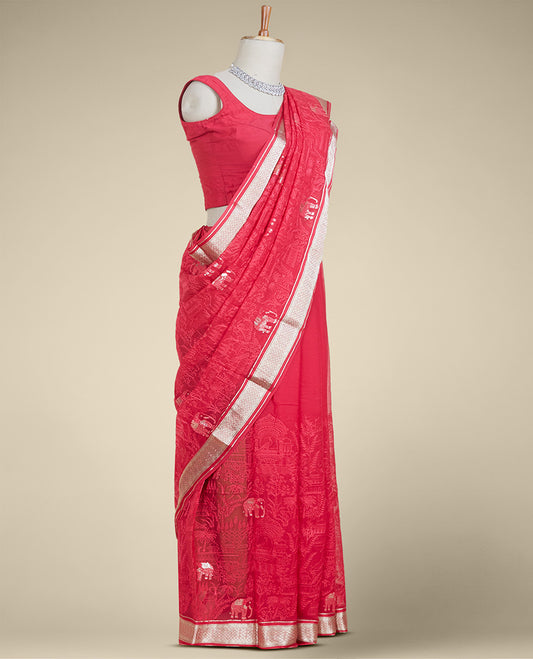 Pink floral & animal motifs embroidered pure chiffon saree, jaal design border