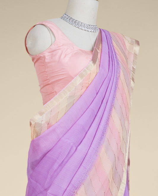 Lavender stone embroidery pure chiffon saree, contrast rangkat-style striped stone work border